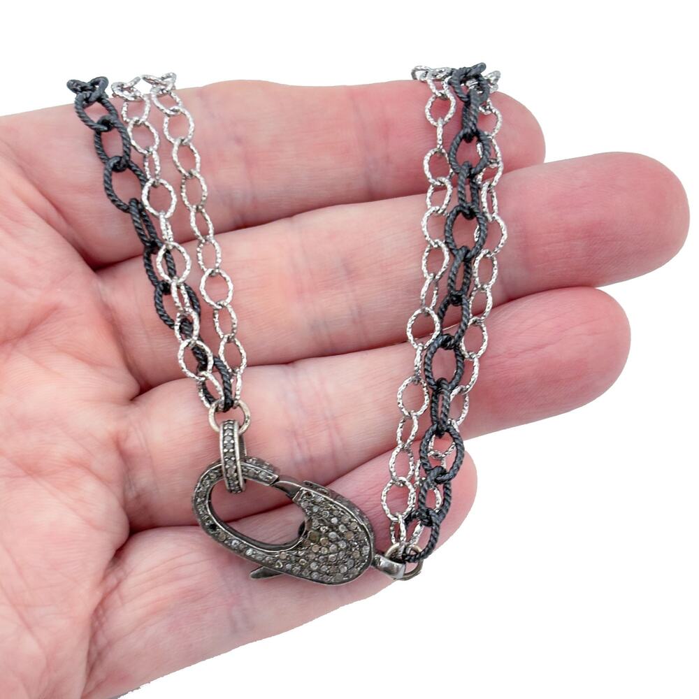 Vintage Sterling Silver 925 Pave Diamond Lock Multi Chain Necklace 18.5"-21.5"